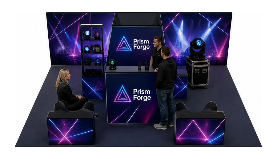 Stoisko 8 × 6 m półwyspowe dla branży branża eventowa, przykładowa marka Prism Forge