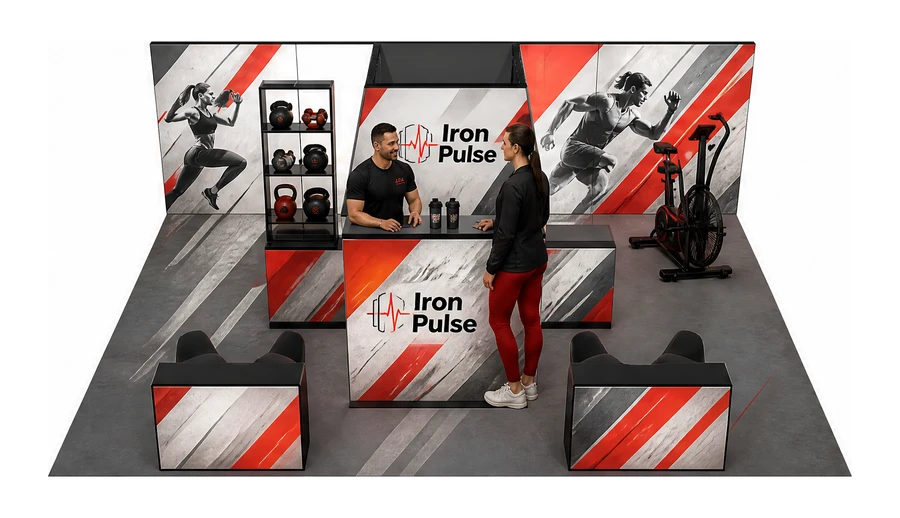 Stoisko 8 × 6 m półwyspowe dla branży fitness i siłownie, przykładowa marka Iron Pulse