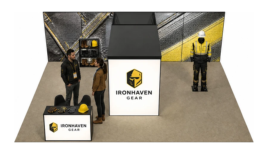 Stoisko 8 × 6 m półwyspowe dla branży BHP i odzież ochronna, przykładowa marka Ironhaven Gear