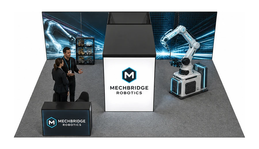 Stoisko 8 × 6 m półwyspowe dla branży automatyka przemysłowa, przykładowa marka Mechbridge Robotics