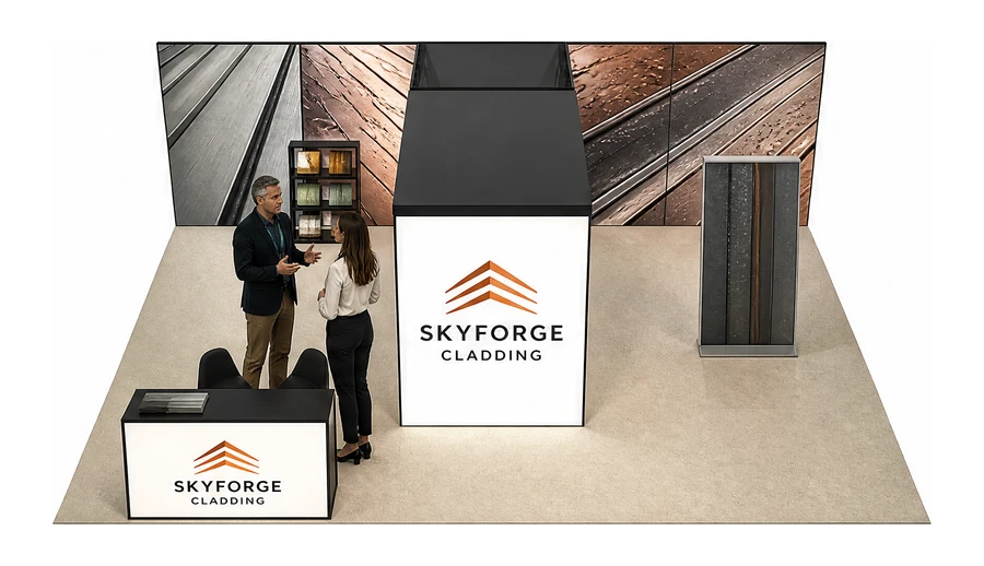 Stoisko 8 × 6 m półwyspowe dla branży dachy i elewacje, przykładowa marka Skyforge Cladding