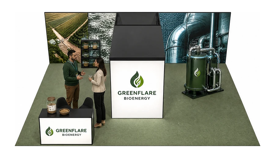 Stoisko 8 × 6 m półwyspowe dla branży biogaz i OZE, przykładowa marka Greenflare Bioenergy