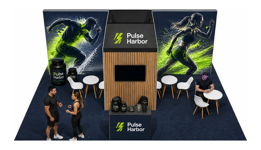 Stoisko 8 × 6 m półwyspowe dla branży suplementy diety, przykładowa marka Pulse Harbor