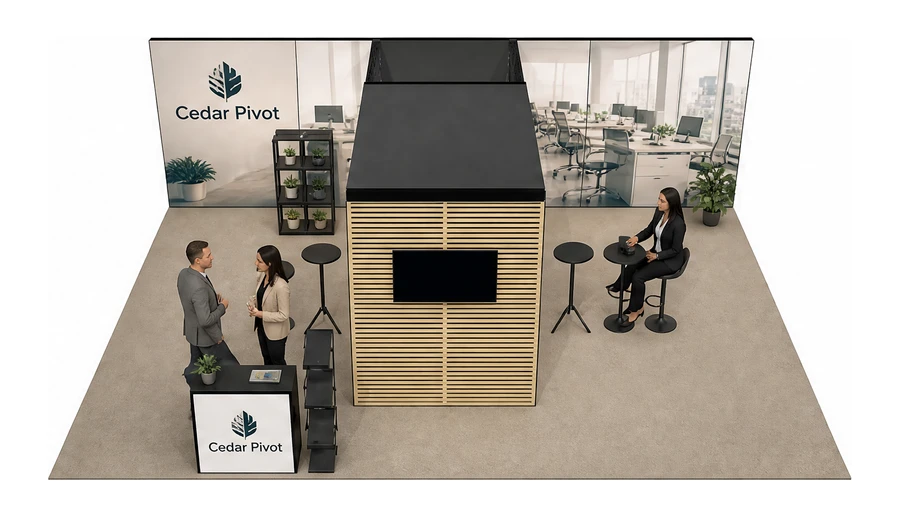 Stoisko 8 × 6 m półwyspowe dla branży meble biurowe, przykładowa marka Cedar Pivot