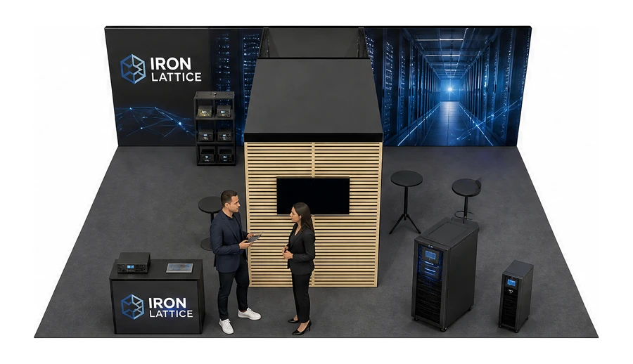 Stoisko 8 × 6 m półwyspowe dla branży infrastruktura IT i data center, przykładowa marka Iron Lattice