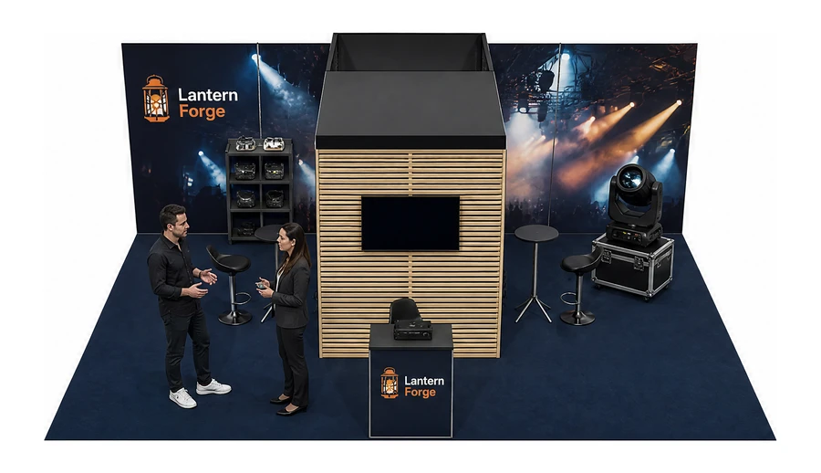 Stoisko 8 × 6 m półwyspowe dla branży branża eventowa, przykładowa marka Lantern Forge