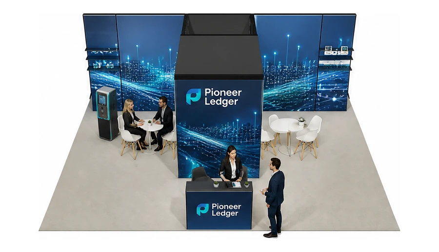 Stoisko 8 × 6 m półwyspowe dla branży płatności online, przykładowa marka Pioneer Ledger