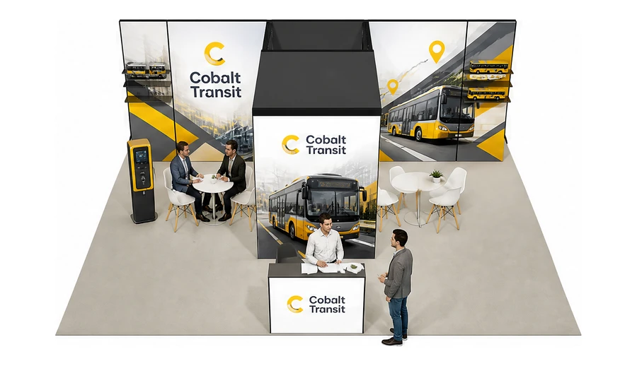 Stoisko 8 × 6 m półwyspowe dla branży autobusy i transport zbiorowy, przykładowa marka Cobalt Transit
