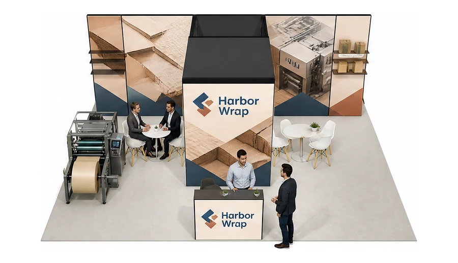 Stoisko 8 × 6 m półwyspowe dla branży maszyny pakujące, przykładowa marka Harbor Wrap