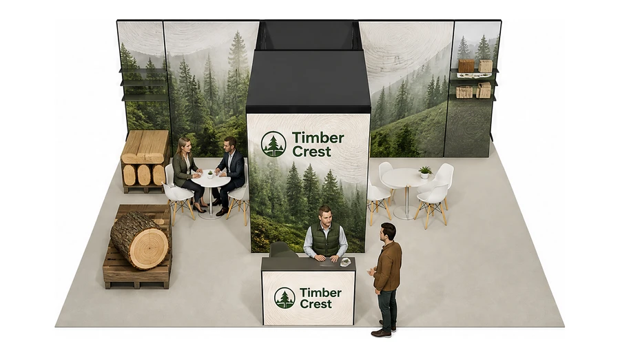 Stoisko 8 × 6 m półwyspowe dla branży leśnictwo i przemysł drzewny, przykładowa marka Timber Crest