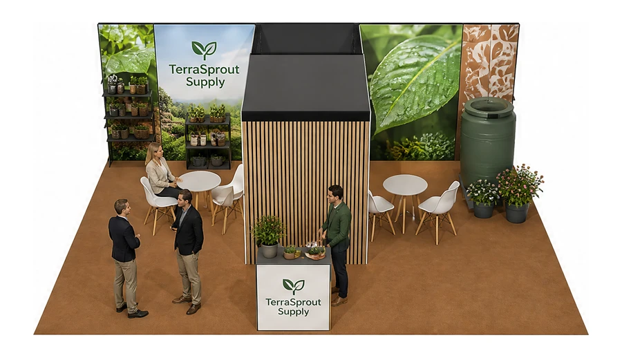 Stoisko 8 × 6 m półwyspowe dla branży ogród i architektura krajobrazu, przykładowa marka TerraSprout Supply