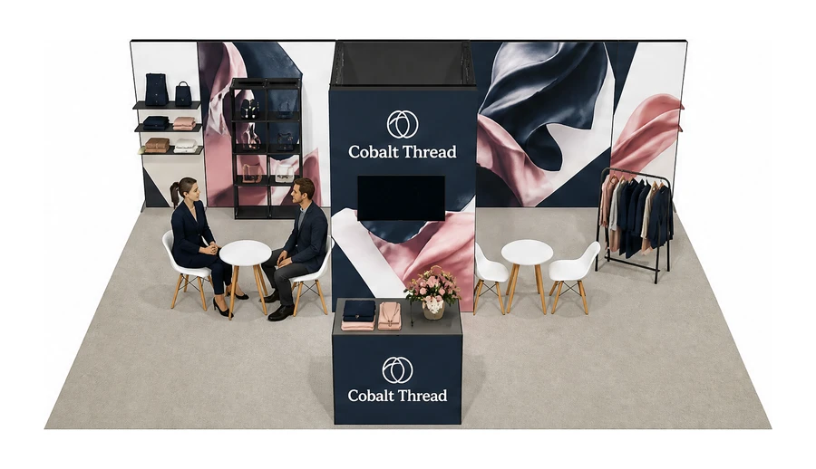 Stoisko 8 × 6 m półwyspowe dla branży odzież i moda, przykładowa marka Cobalt Thread