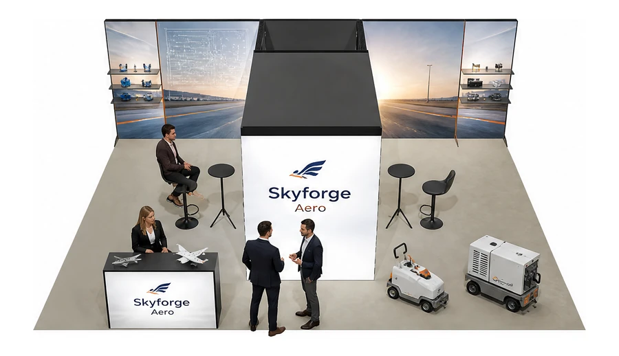 Stoisko 8 × 6 m półwyspowe dla branży lotnictwo, przykładowa marka Skyforge Aero