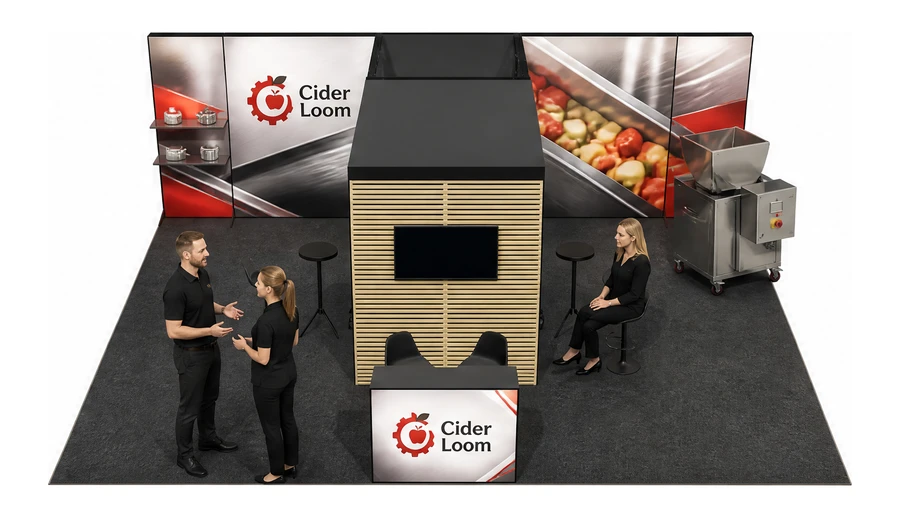 Stoisko 8 × 6 m półwyspowe dla branży technologie spożywcze, przykładowa marka Cider Loom