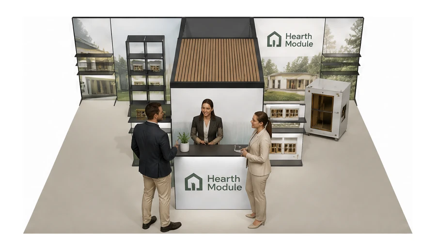 Stoisko 8 × 6 m półwyspowe dla branży domy modułowe i prefabrykacja, przykładowa marka Hearth Module