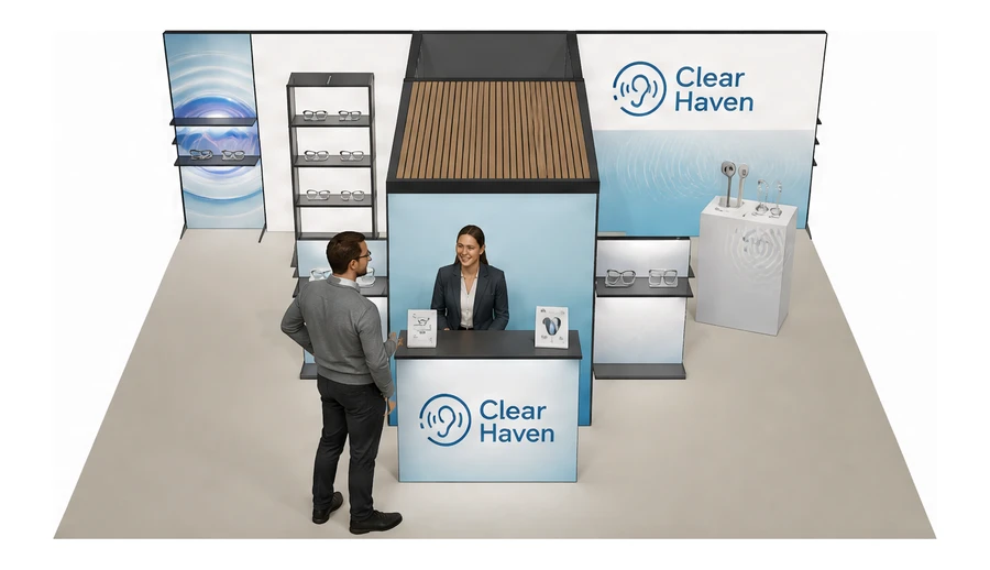 Stoisko 8 × 6 m półwyspowe dla branży optyka i audiologia, przykładowa marka Clear Haven