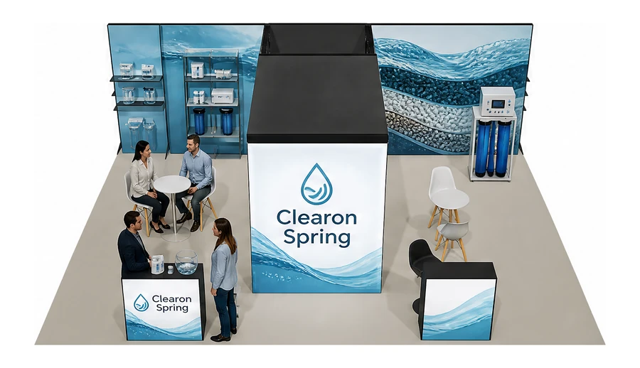 Stoisko 8 × 6 m półwyspowe dla branży technologie wodne, przykładowa marka Clearon Spring