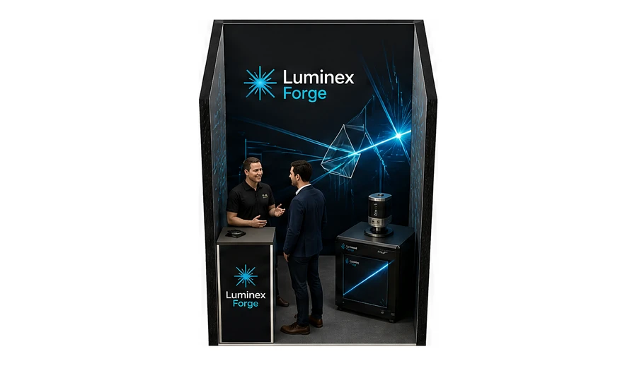 Stoisko 2 × 2 m szeregowe dla branży technika laserowa i fotonika, przykładowa marka Luminex Forge