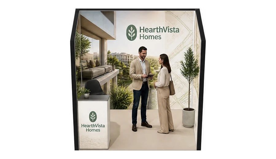 Stoisko 2 × 2 m szeregowe dla branży deweloperzy i nieruchomości, przykładowa marka HearthVista Homes