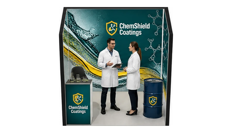 Stoisko 2 × 2 m szeregowe dla branży chemia przemysłowa i powłoki, przykładowa marka ChemShield Coatings