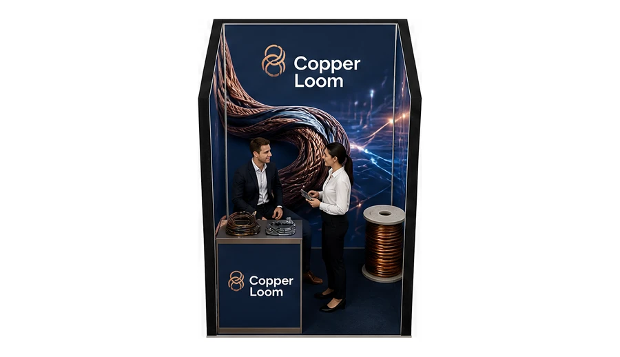 Stoisko 2 × 2 m szeregowe dla branży kable i elektrotechnika, przykładowa marka Copper Loom