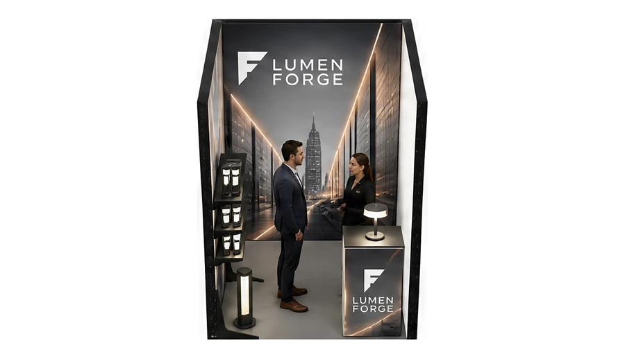 Stoisko 2 × 2 m szeregowe dla branży oświetlenie, przykładowa marka Lumen Forge