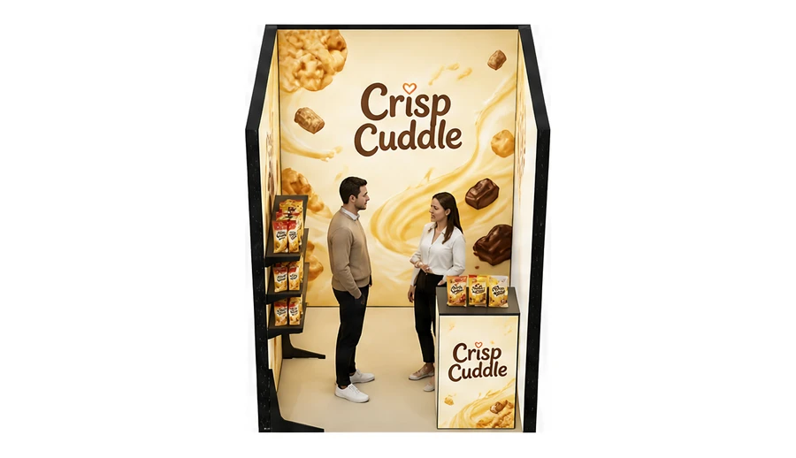 Stoisko 2 × 2 m szeregowe dla branży słodycze i przekąski, przykładowa marka Crisp Cuddle
