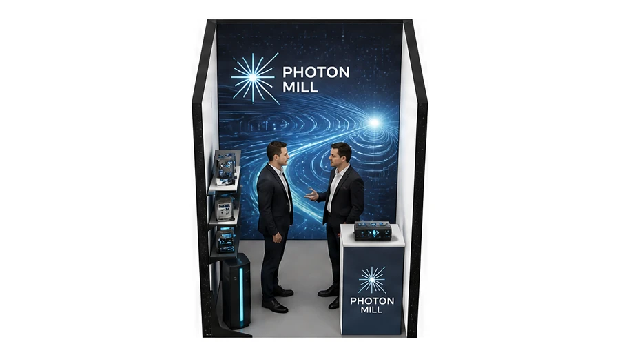 Stoisko 2 × 2 m szeregowe dla branży technika laserowa i fotonika, przykładowa marka Photon Mill
