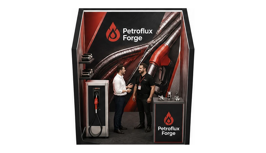 Stoisko 2 × 2 m szeregowe dla branży stacje paliw, przykładowa marka Petroflux Forge