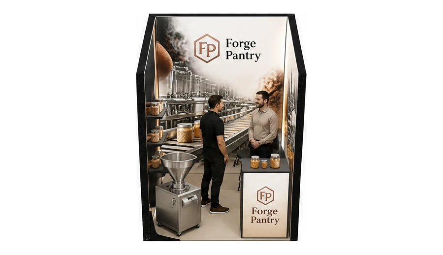 Stoisko 2 × 2 m szeregowe dla branży technologie spożywcze, przykładowa marka Forge Pantry