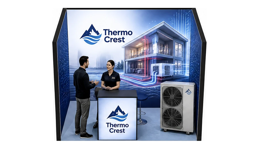 Stoisko 3 × 2 m szeregowe dla branży pompy ciepła i ogrzewanie, przykładowa marka Thermo Crest
