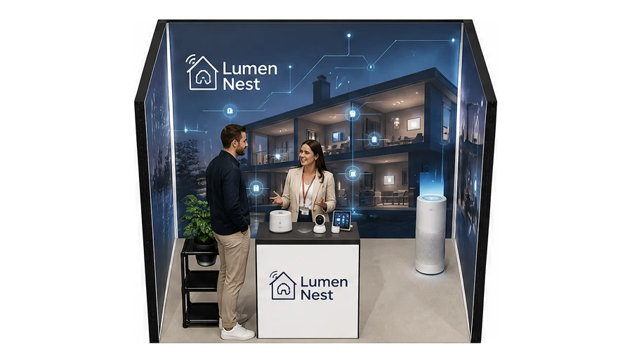 Stoisko 3 × 2 m szeregowe dla branży smart home i IoT, przykładowa marka Lumen Nest