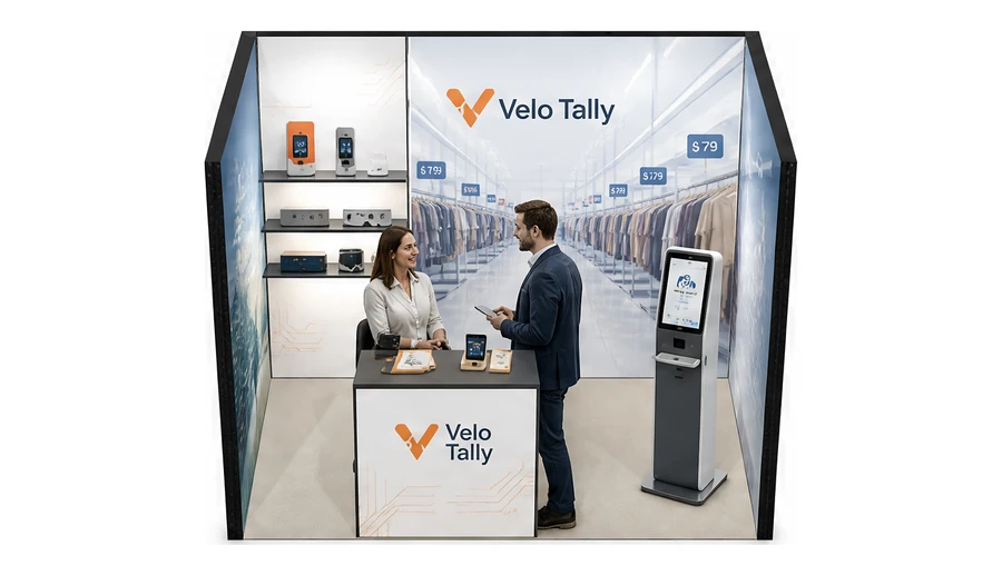 Stoisko 3 × 2 m szeregowe dla branży technologie dla handlu, przykładowa marka Velo Tally
