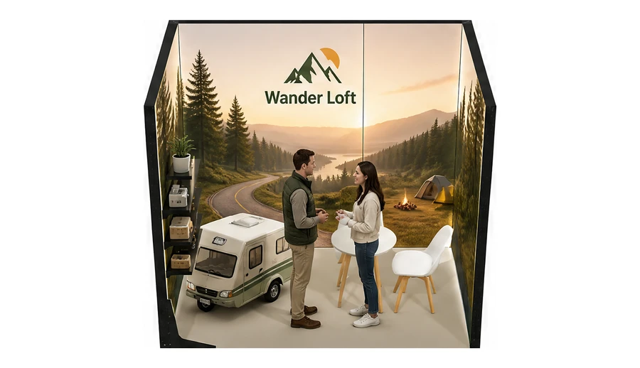 Stoisko 3 × 2 m szeregowe dla branży caravaning i kampery, przykładowa marka Wander Loft