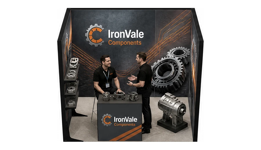 Stoisko 3 × 2 m szeregowe dla branży części motoryzacyjne, przykładowa marka IronVale Components