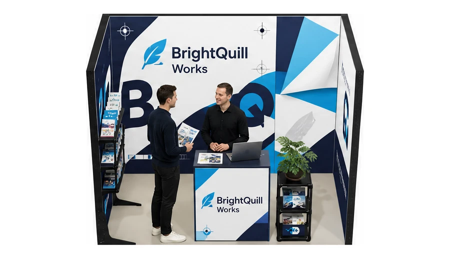 Stoisko 3 × 2 m szeregowe dla branży reklama i druk, przykładowa marka BrightQuill Works
