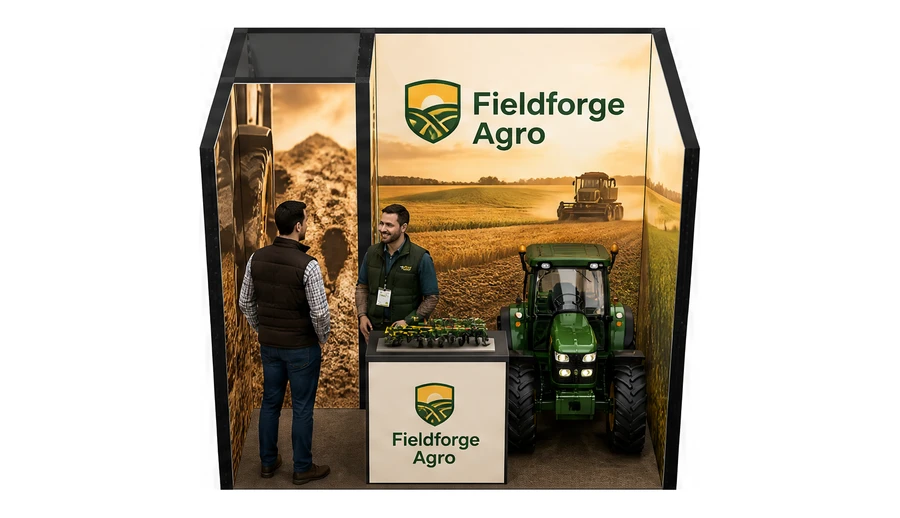 Stoisko 3 × 2 m szeregowe dla branży maszyny rolnicze, przykładowa marka Fieldforge Agro