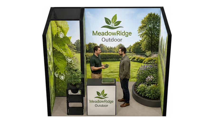 Stoisko 3 × 2 m szeregowe dla branży ogród i architektura krajobrazu, przykładowa marka MeadowRidge Outdoor