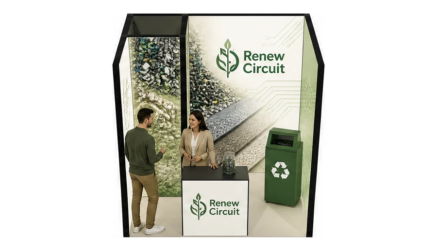 Stoisko 3 × 2 m szeregowe dla branży recykling i ochrona środowiska, przykładowa marka Renew Circuit