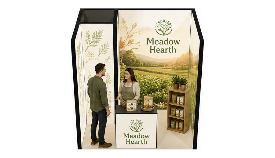 Stoisko 3 × 2 m szeregowe dla branży żywność ekologiczna, przykładowa marka Meadow Hearth