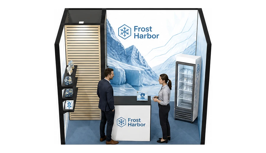 Stoisko 3 × 2 m szeregowe dla branży łańcuch chłodniczy, przykładowa marka Frost Harbor