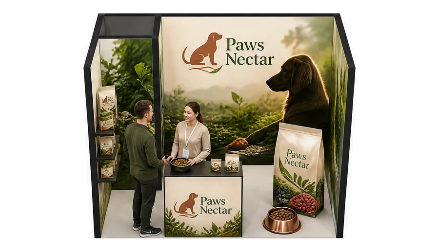Stoisko 3 × 2 m szeregowe dla branży karma dla zwierząt, przykładowa marka Paws Nectar
