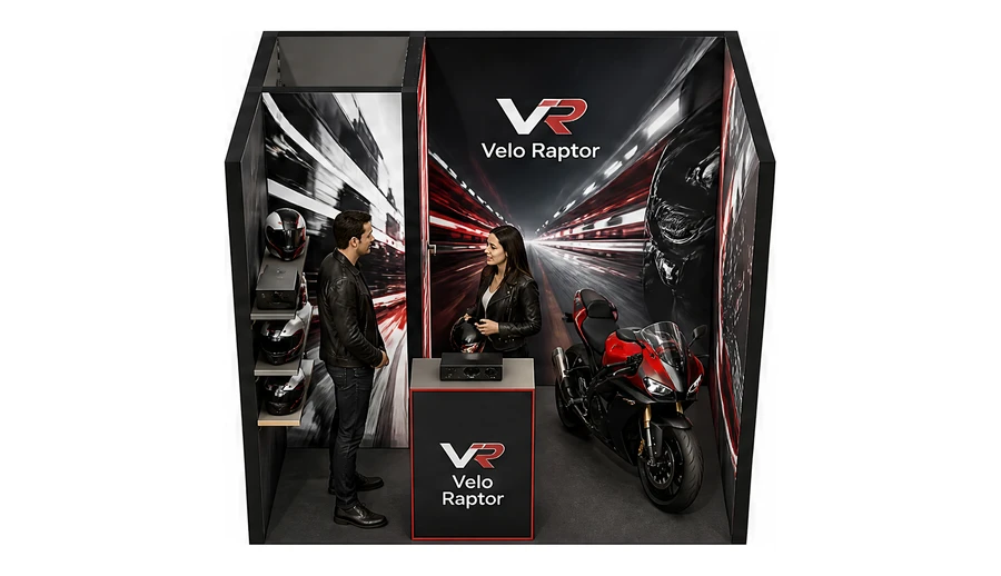 Stoisko 3 × 2 m szeregowe dla branży motocykle i skutery, przykładowa marka Velo Raptor