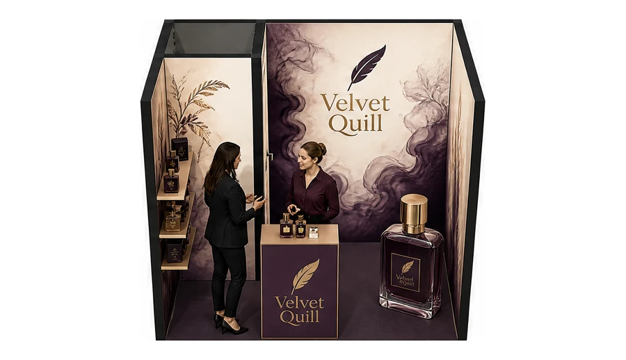 Stoisko 3 × 2 m szeregowe dla branży perfumy, przykładowa marka Velvet Quill