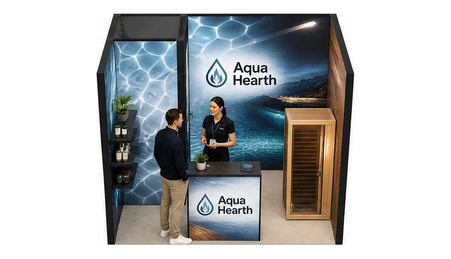 Stoisko 3 × 2 m szeregowe dla branży baseny i sauny, przykładowa marka Aqua Hearth