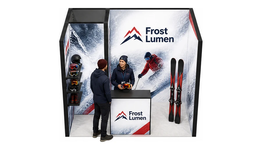 Stoisko 3 × 2 m szeregowe dla branży narciarstwo i sporty zimowe, przykładowa marka Frost Lumen