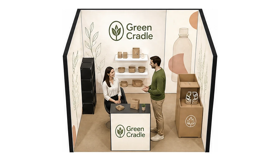 Stoisko 3 × 3 m szeregowe dla branży opakowania ekologiczne, przykładowa marka Green Cradle