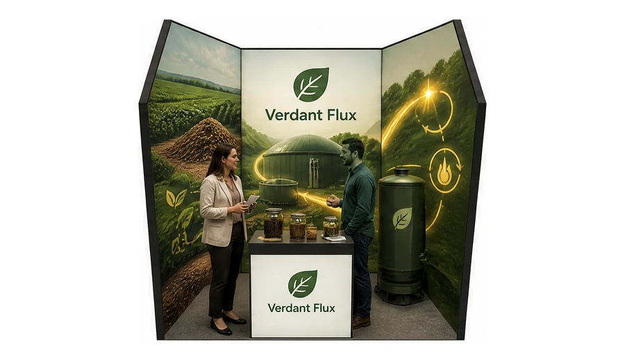 Stoisko 3 × 3 m szeregowe dla branży biogaz i OZE, przykładowa marka Verdant Flux