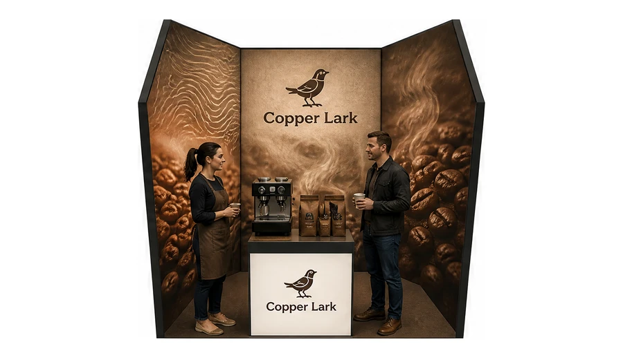 Stoisko 3 × 3 m szeregowe dla branży palarnia kawy, przykładowa marka Copper Lark