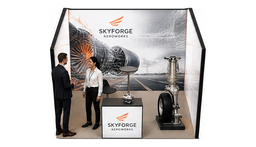 Stoisko 3 × 3 m szeregowe dla branży lotnictwo, przykładowa marka Skyforge Aeroworks